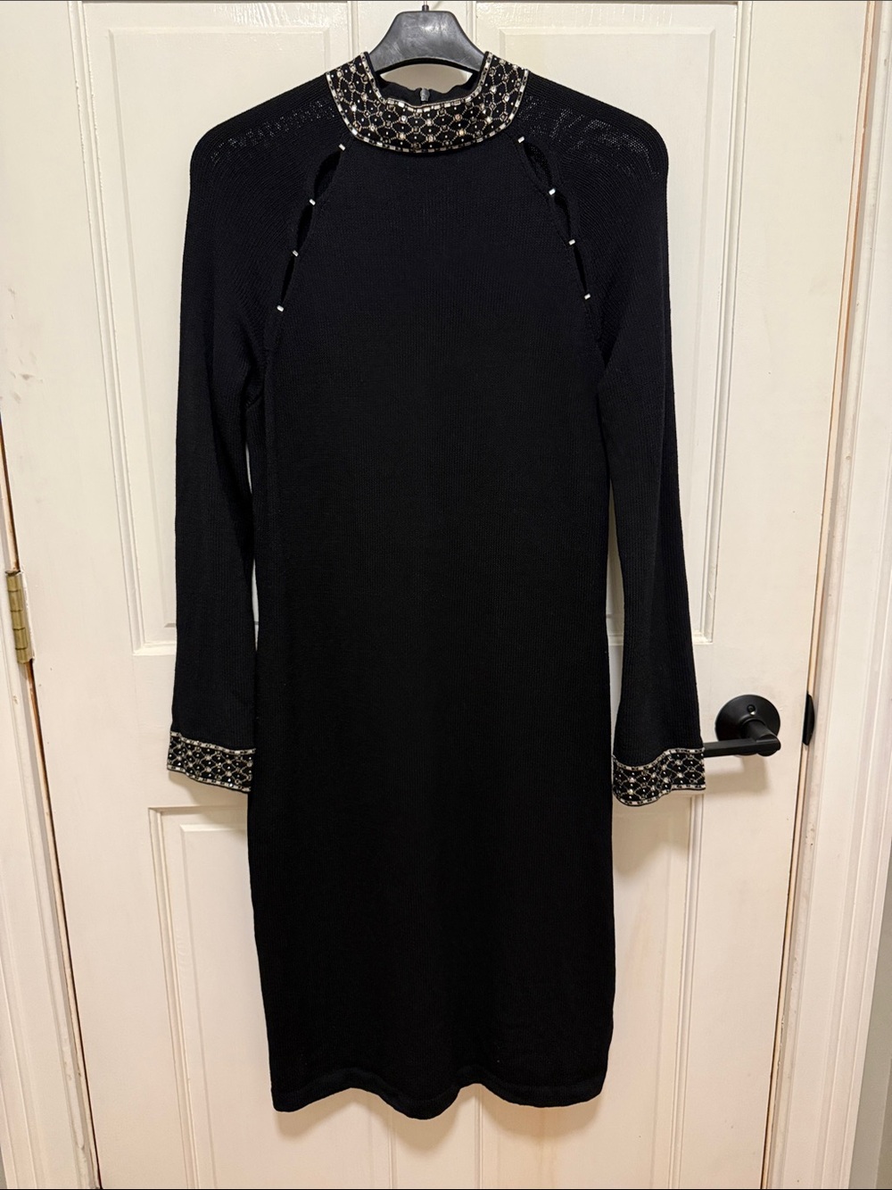 St. John Black Long-Sleeve Knit Dress with Jeweled Collar and Sleeves -Size 8